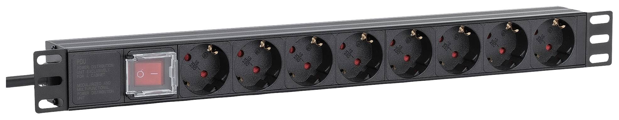 A black eight-socket extension lead with a red on/off switch on the left. Ideal for expanding power connections.