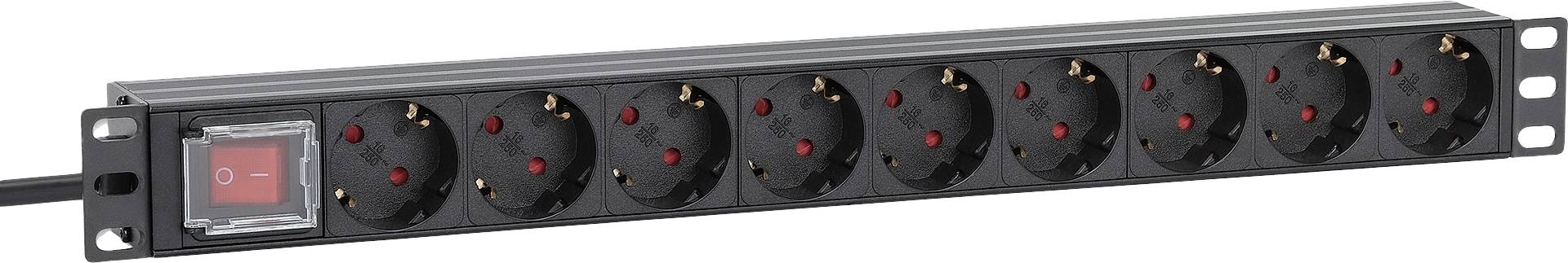 Black power strip with eight sockets and red mains switch, horizontally oriented, suitable for 19-inch rack mounting.