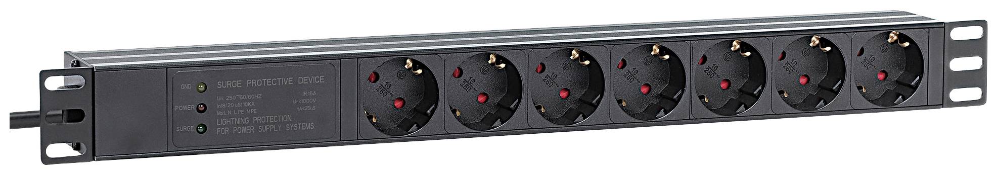 Black power strip with six socket outlets and a power cable. Suitable for mounting on a rack or wall.