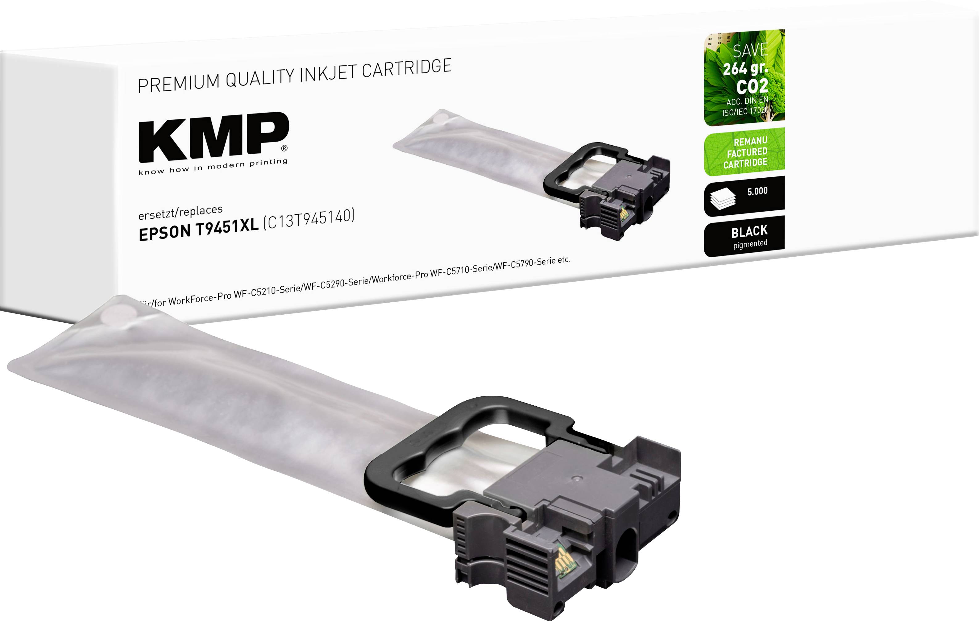 An inkjet cartridge box with 'KMP' branding, compatible with Epson T9451XL. Promotes CO2 reduction by 264g and includes the color black.