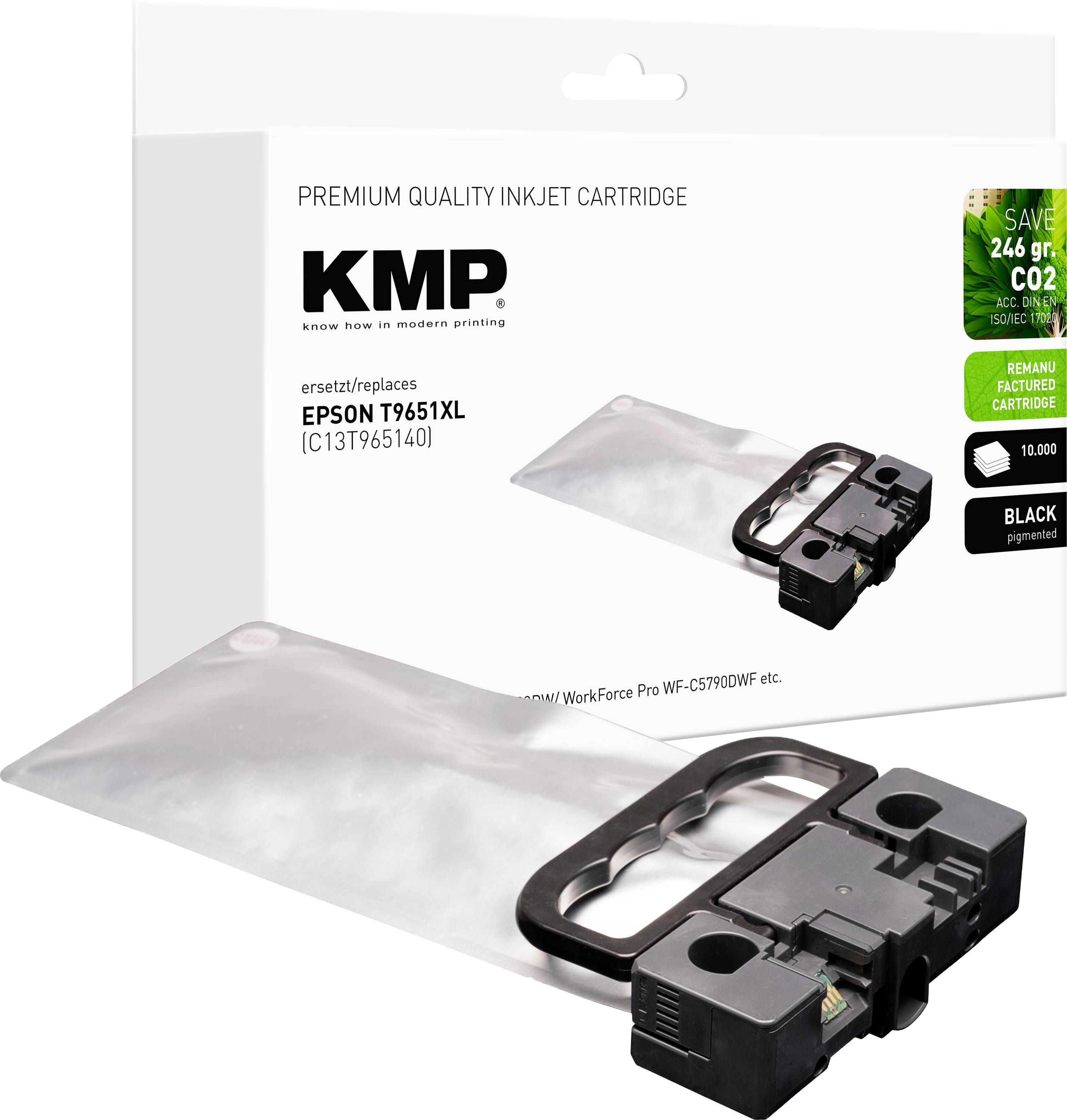 'Premium quality inkjet cartridge' packaging for Epson T9651XL, black. Highlights include CO2 savings and compatibility with specific printers.