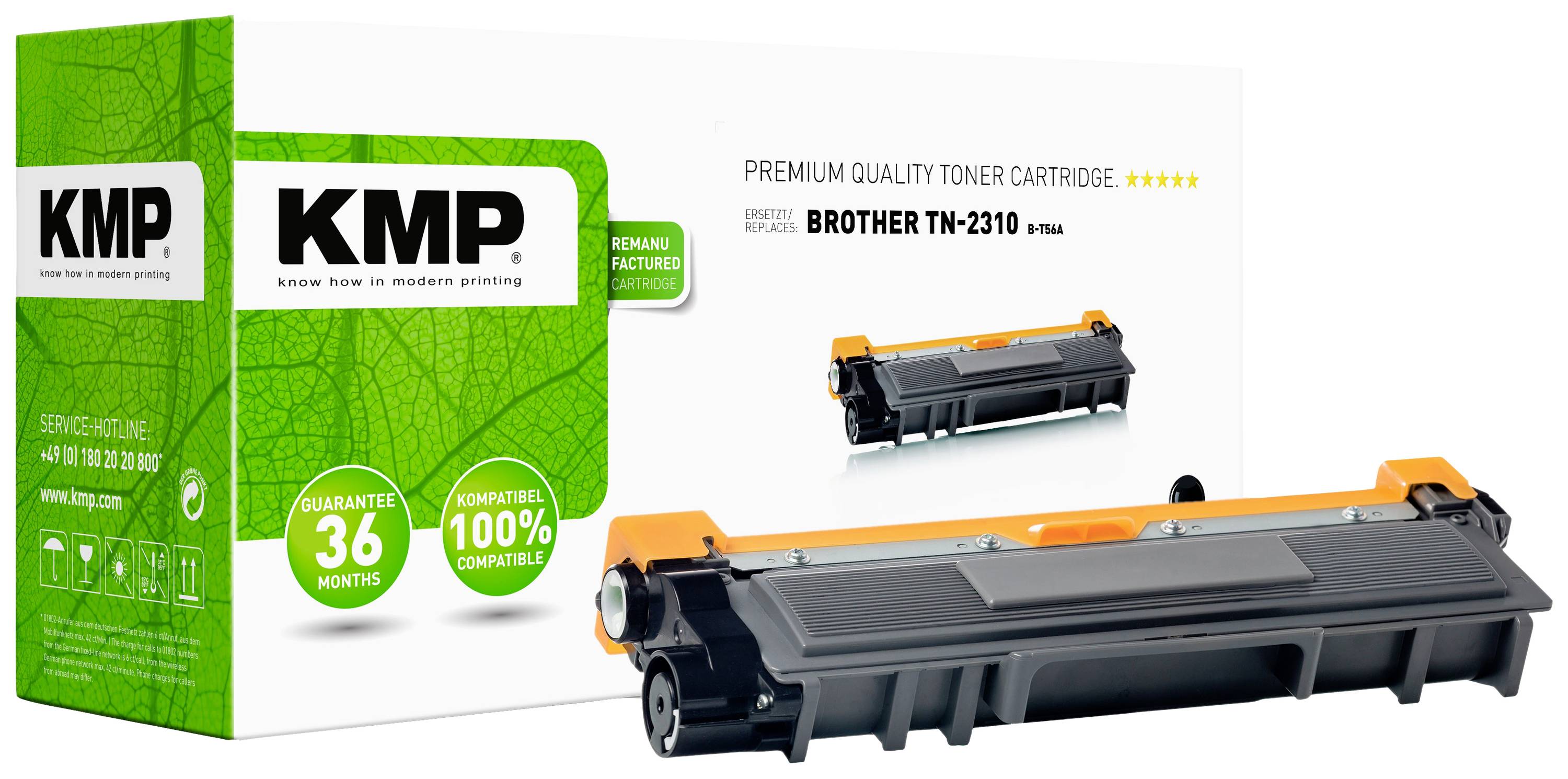 KMP toner cartridge in original packaging for Brother TN-2310. Packaging shows the cartridge; guaranteed 100% compatible, 36-month warranty.
