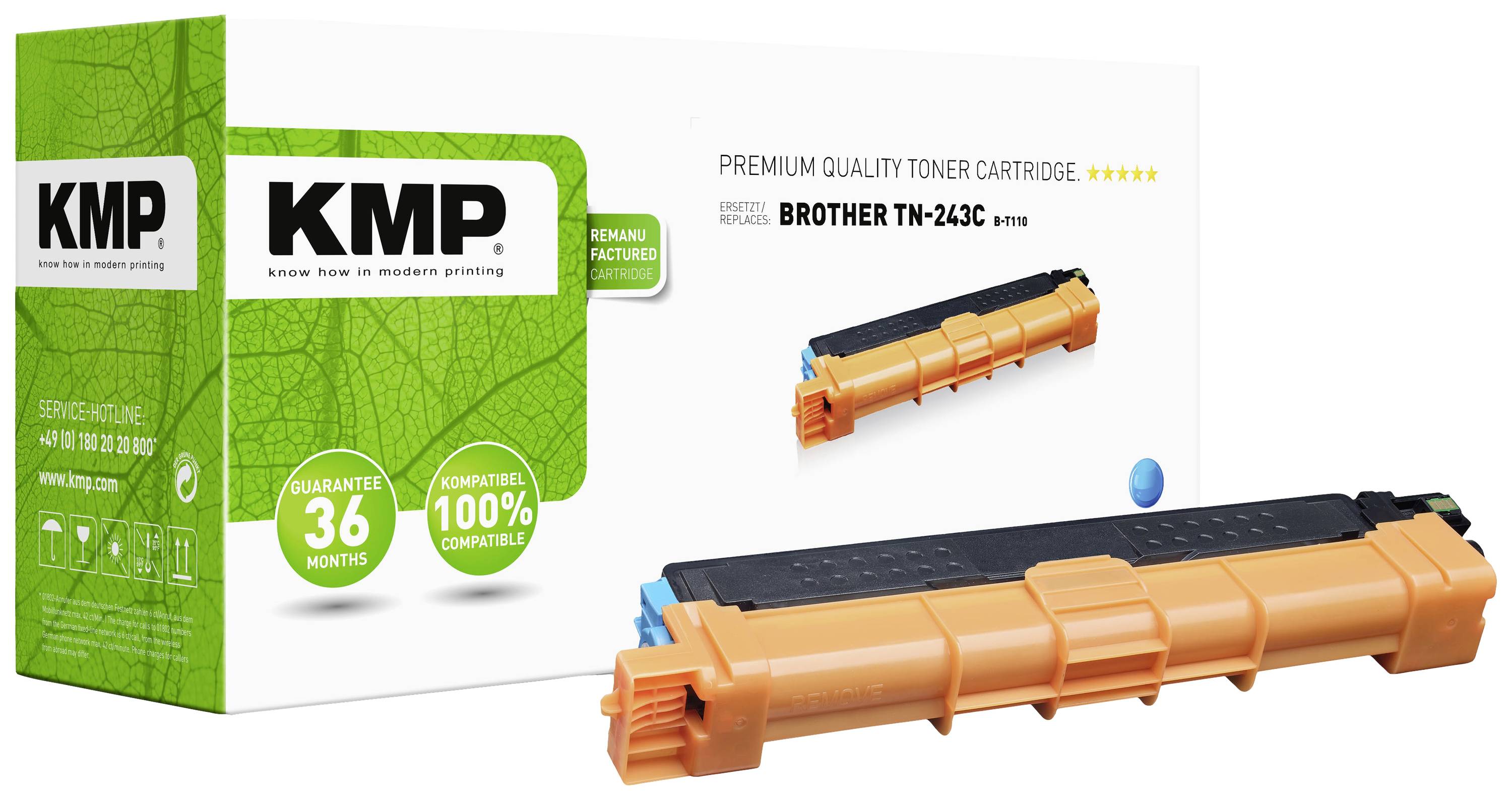 A packaging and a toner by KMP, model 'BROTHER TN-243C', for printers. 36 months warranty and environmentally friendly.