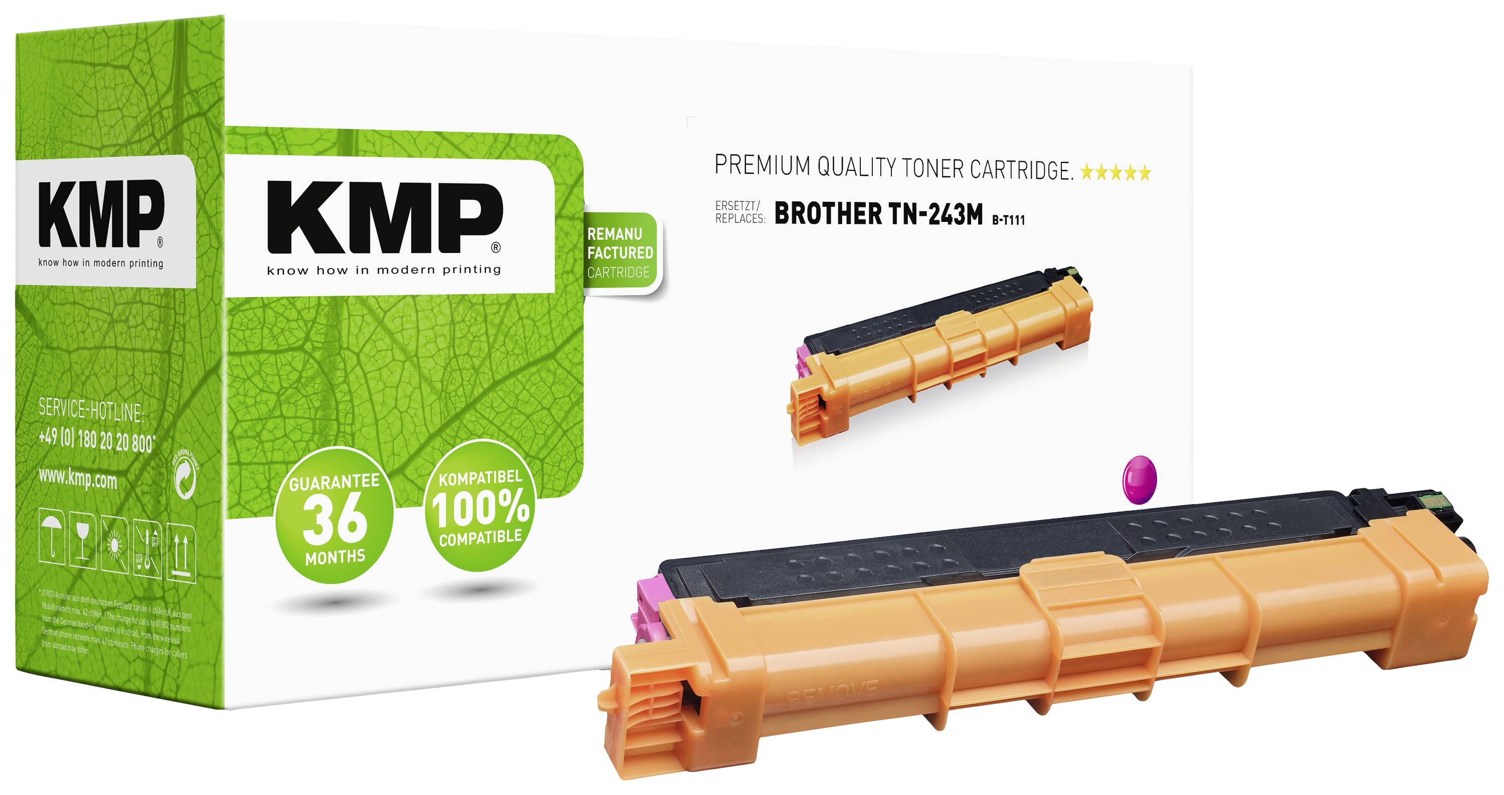 The image depicts a KMP toner cartridge and its packaging with the inscription 'Premium Quality Toner Cartridge for Brother TN-243M'.