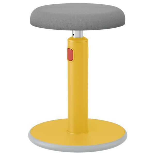 A yellow, height-adjustable swivel stool with a grey seat and red button, suitable for flexible seating in offices.