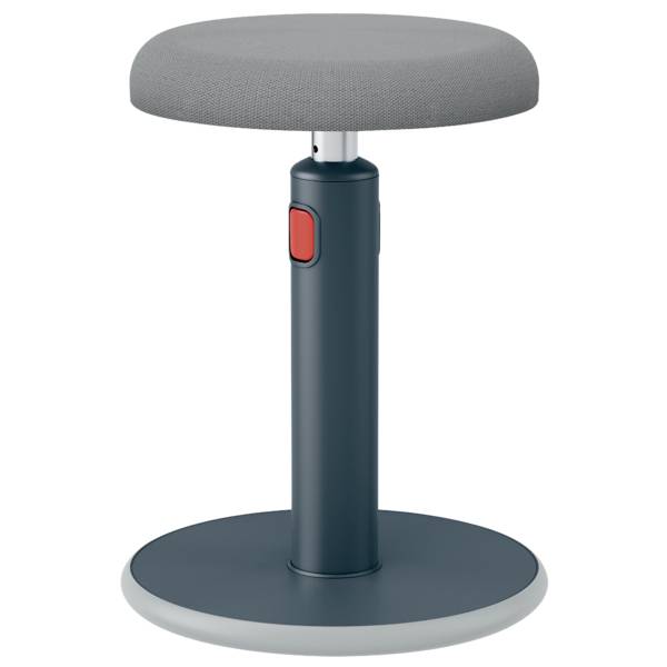A height-adjustable stool with a round grey seat on a sturdy black base, suitable for flexible seating positions.