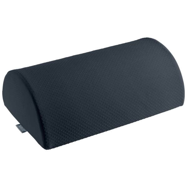 A ergonomic, semi-circular lumbar support cushion in dark fabric, designed to support the lower spine for enhanced comfort.