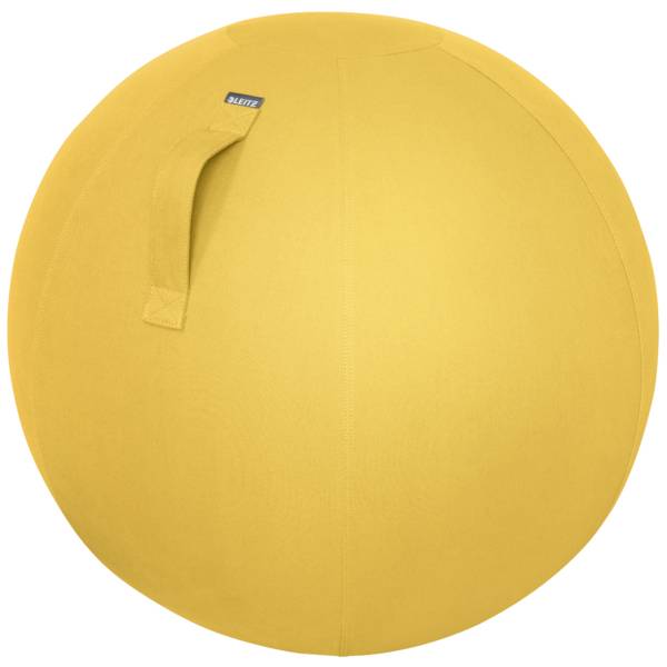 A yellow exercise ball with a handle on the side.
