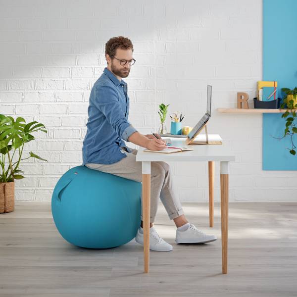 A person is sitting at a desk, writing in a notebook and using a laptop. A plant and decorative items are in the background.