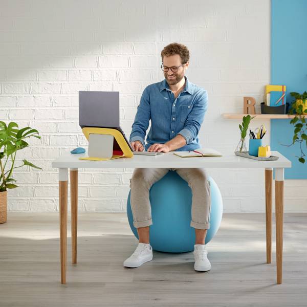 A man in a blue shirt is sitting on an exercise ball at a desk, working on a laptop. Plants and decor are in the background.