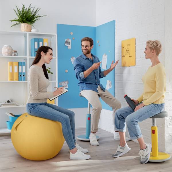 Three people are discussing matters in a contemporary office, one seated on an exercise ball. The man is gesturing while the women listen attentively.