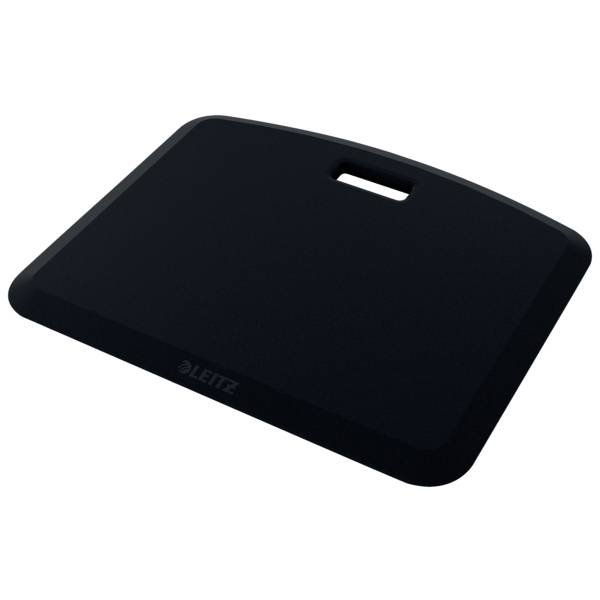 Black ergonomic standing desk mat with handle, improves comfort and posture during extended standing work sessions.