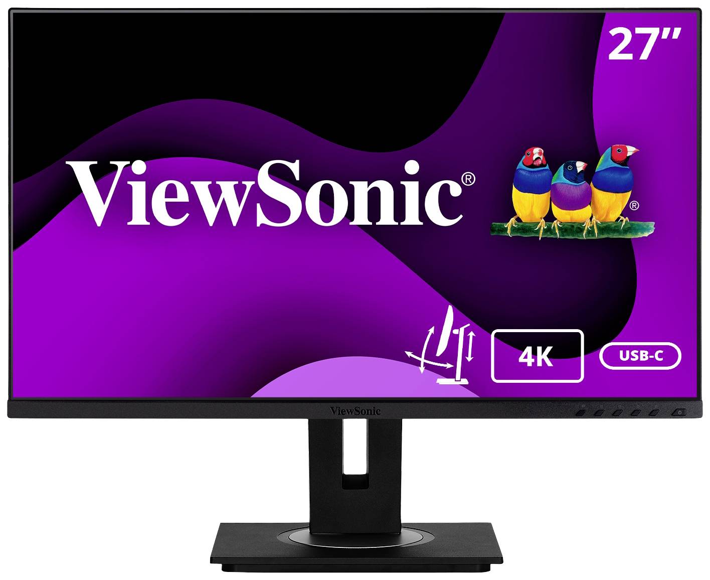 Viewsonic 27-inch Monitor, purple background, displaying 4K resolution, USB-C connection, symmetrical stand adjustment, three colourful birds in the top right corner.