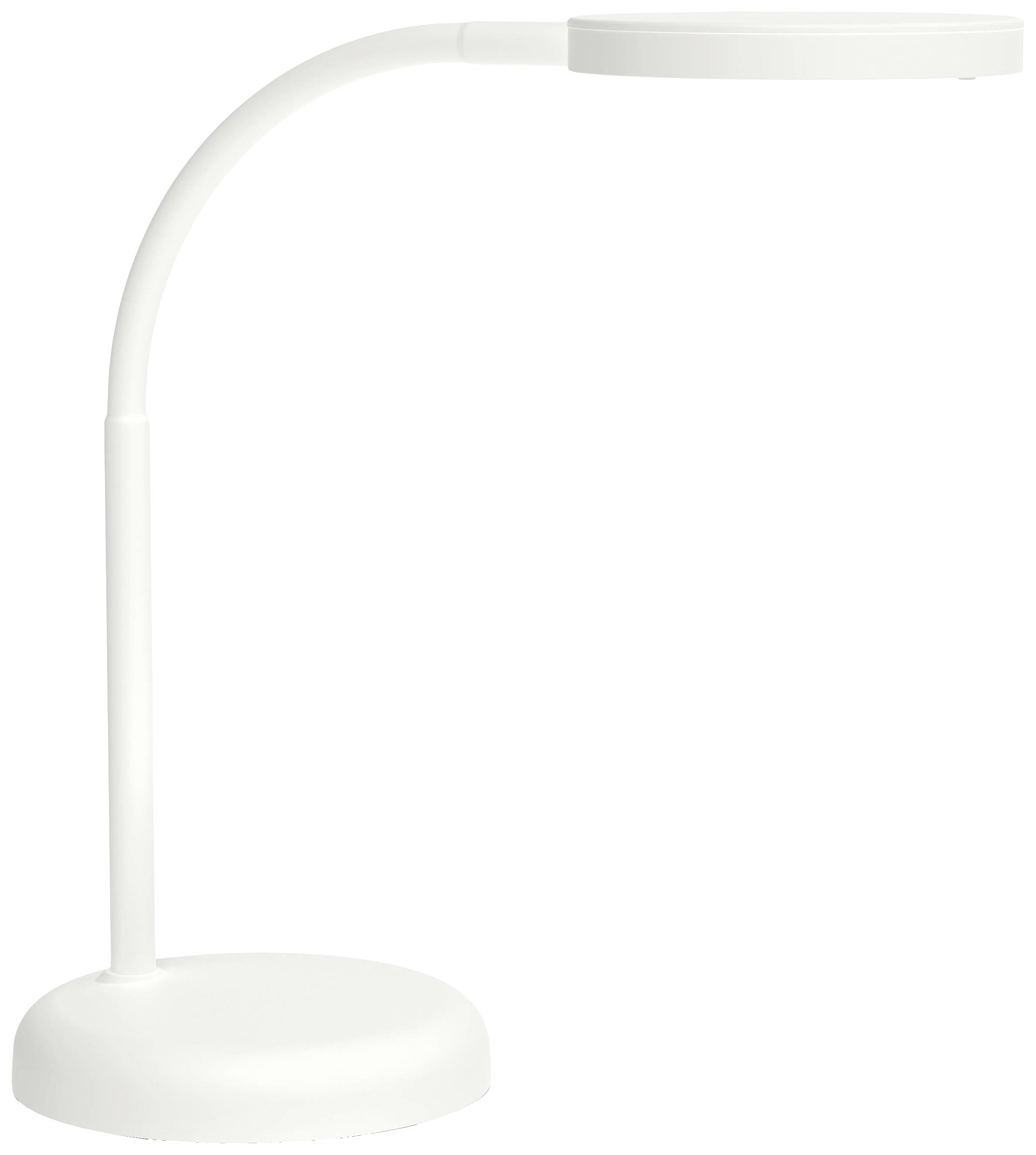 White, modern table lamp with a curved neck and a flat, round lampshade. Ideal for desks or bedside tables.