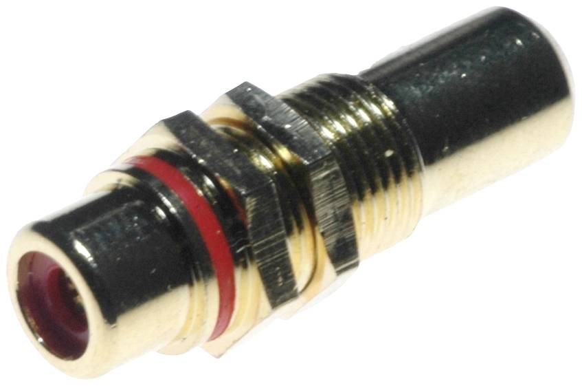 A golden connector with a red insulating ring. Suitable for audio and video connections. Representation of a coaxial plug.