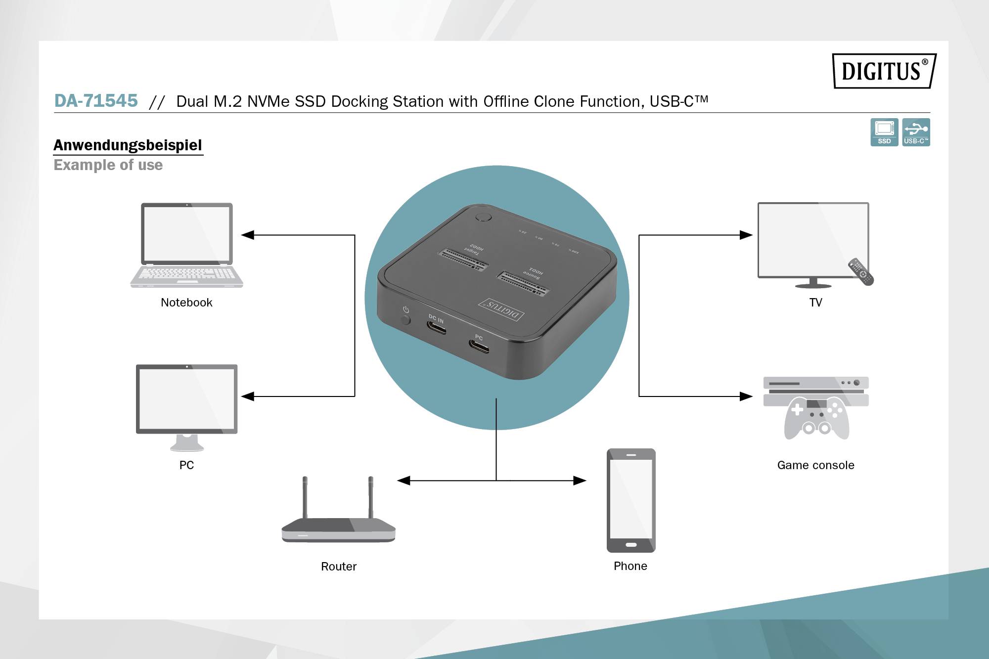 Digitus DA-71545 USB C® (USB 3.2 2nd gen) M.2 PCIe NVMe, M.2 HDD docking station Clone function