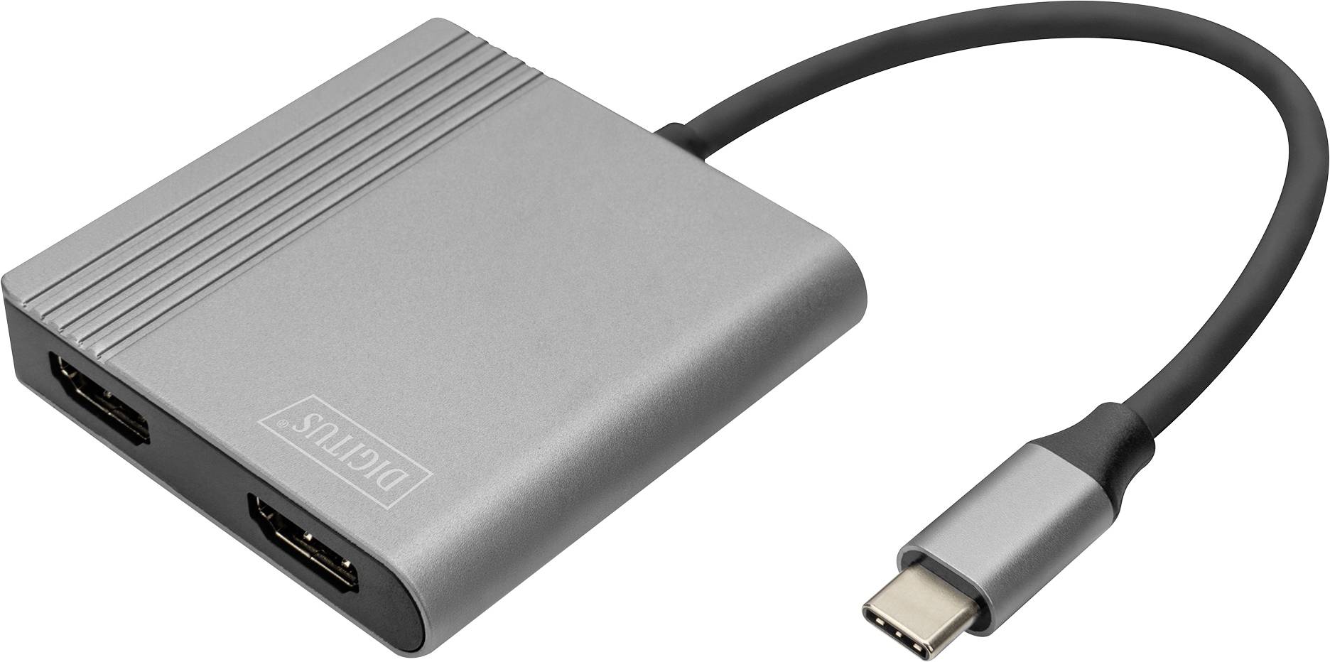 A grey USB-C to HDMI adapter cable, with an HDMI port at one end and a USB-C plug at the other end.