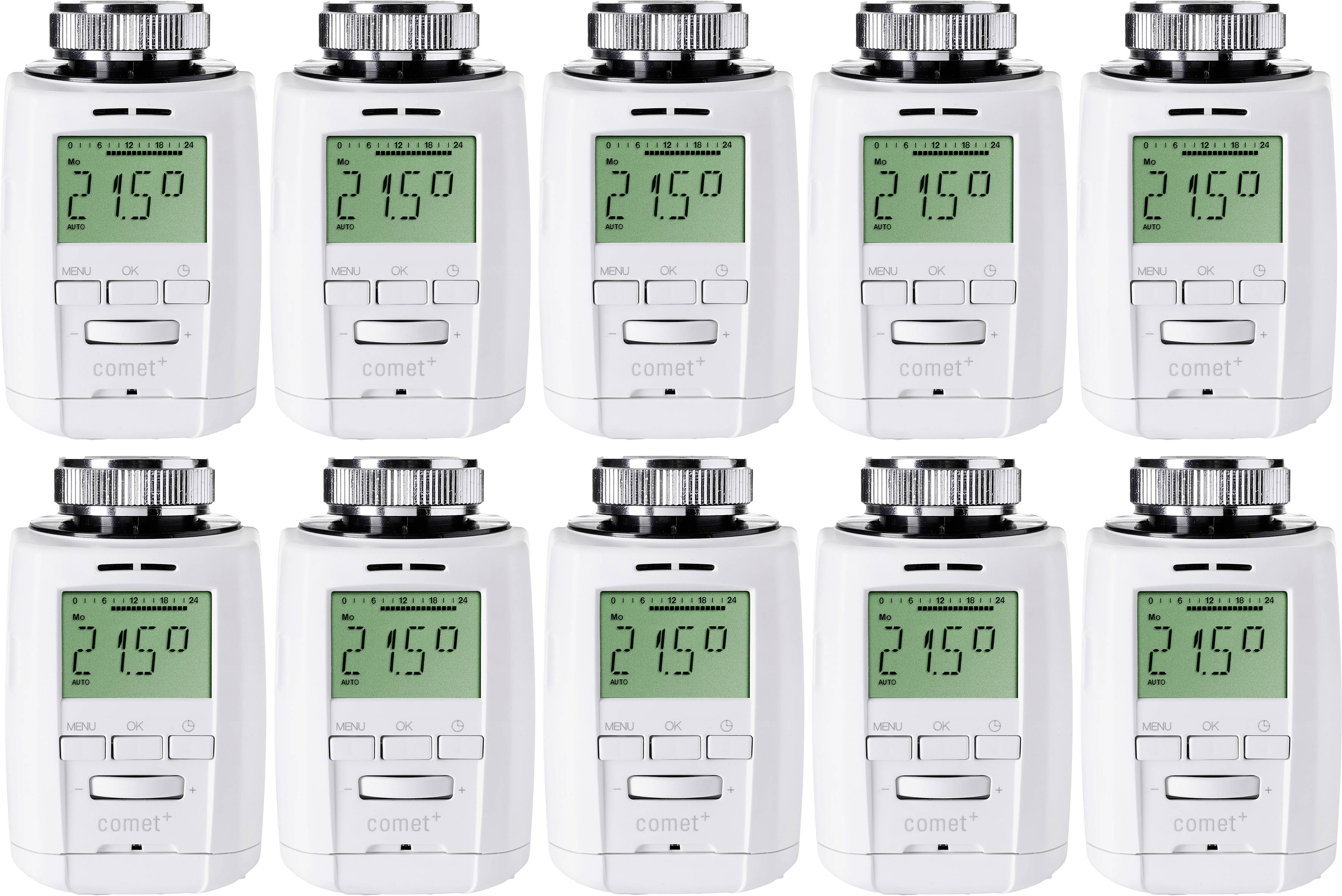 Ten digital thermostats in a row, all displays showing 21.5 degrees Celsius.