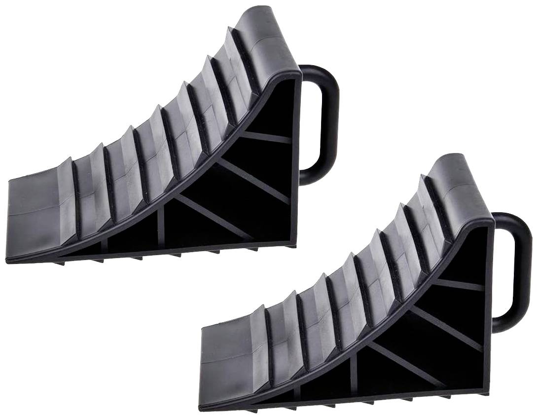 Two black plastic wheel chocks with handles. They have a stepped surface to secure vehicle wheels and prevent rolling.