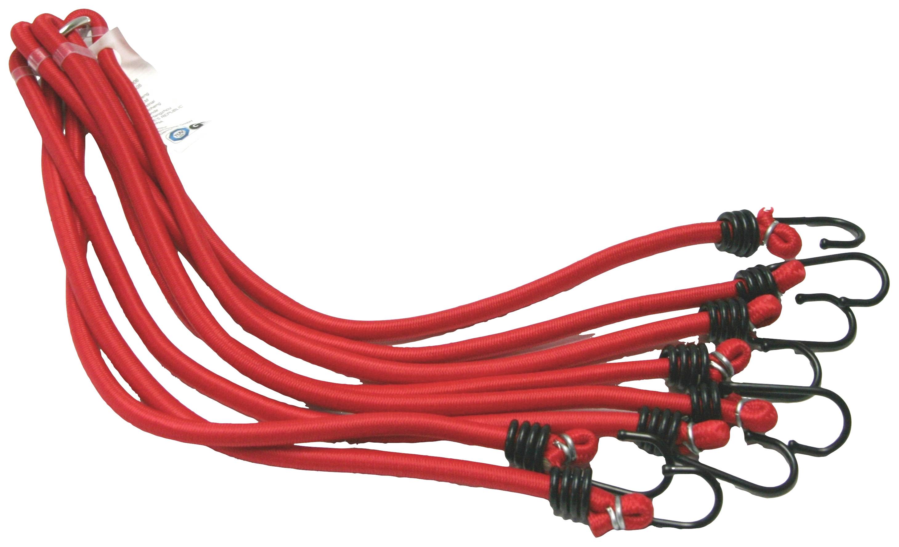 Six red tension elastic bands with hooks at the ends, lying side by side, for securing or fastening objects.