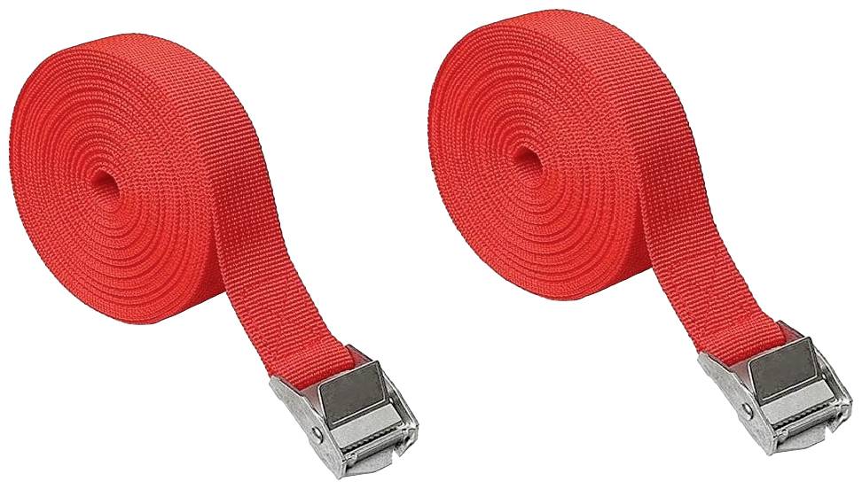 Two red straps with metal buckles, rolled parallel to each other, on a white background.
