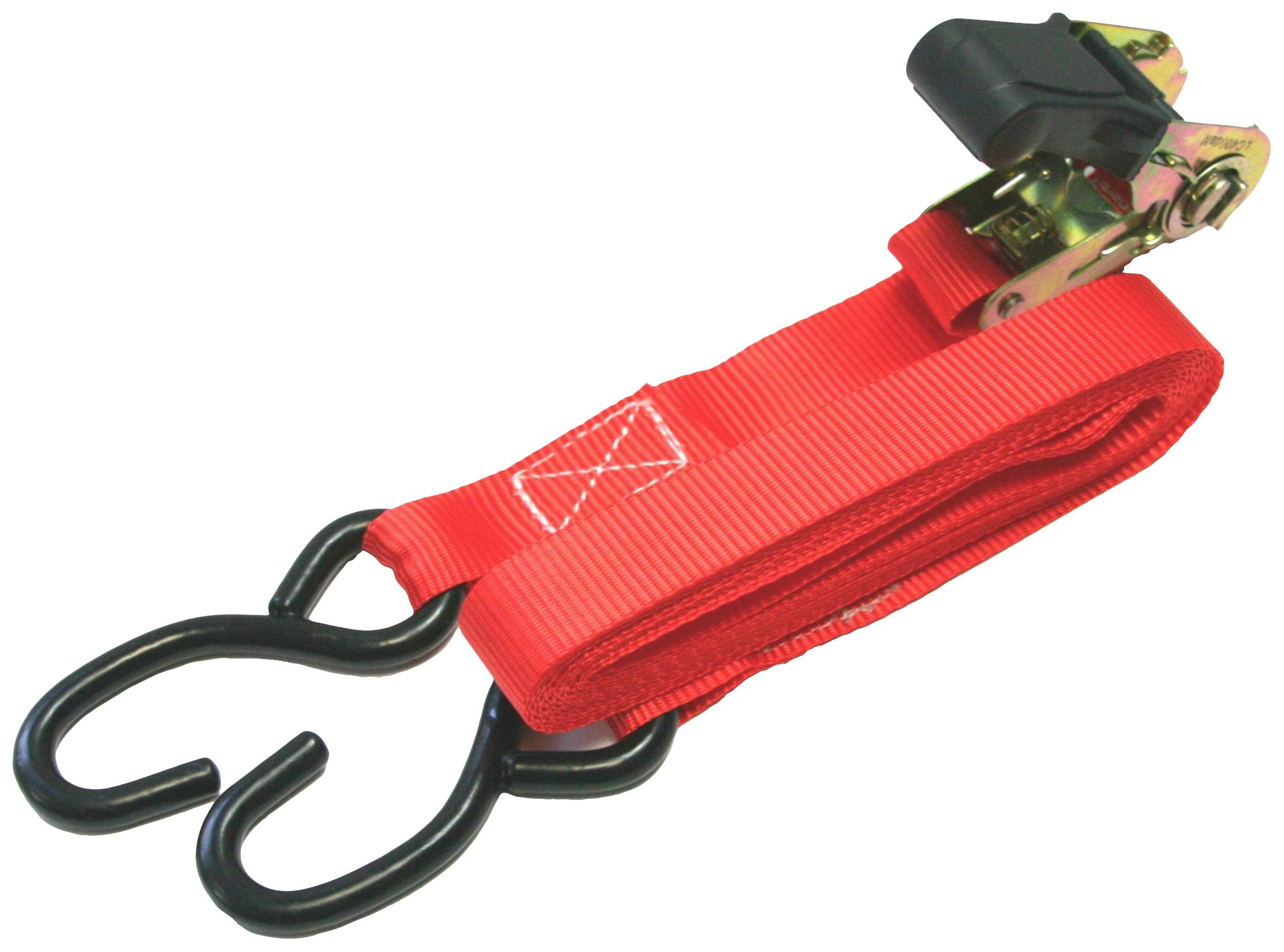 Red tension strap with two black hooks and a ratchet, for cargo securing on vehicles.