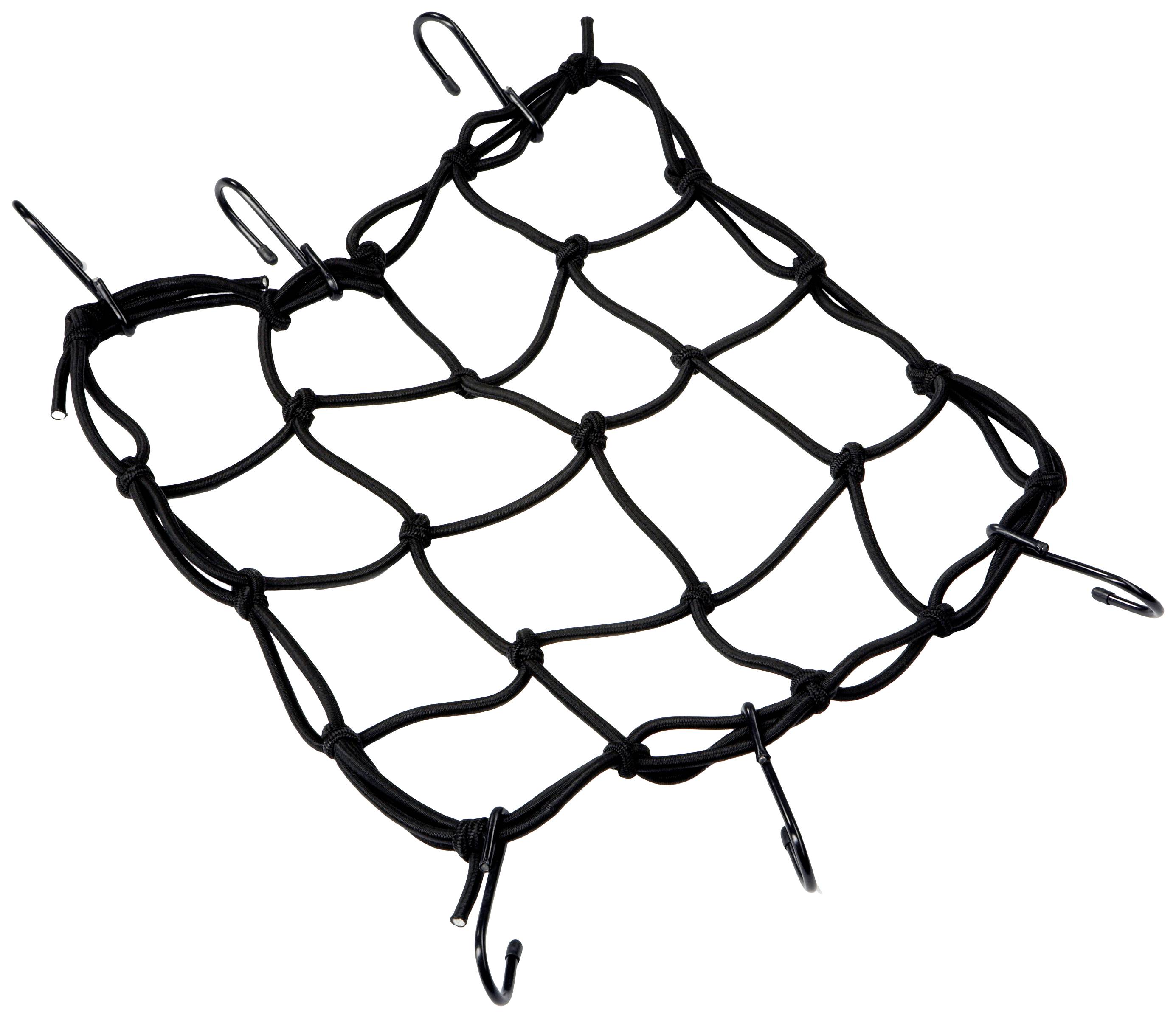 Black, elastic luggage net with hooks. Suitable for securely fastening items on roof racks or load areas.