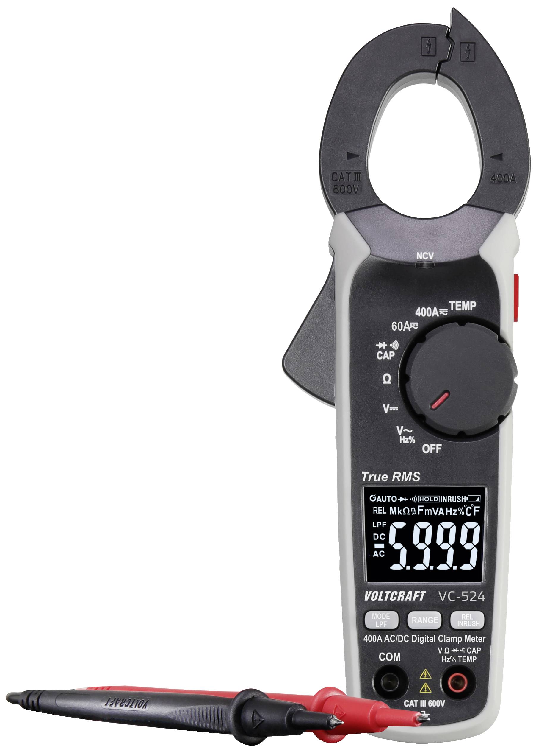 A digital clamp multimeter with LED display and two test probes. It measures current, voltage, and temperature.