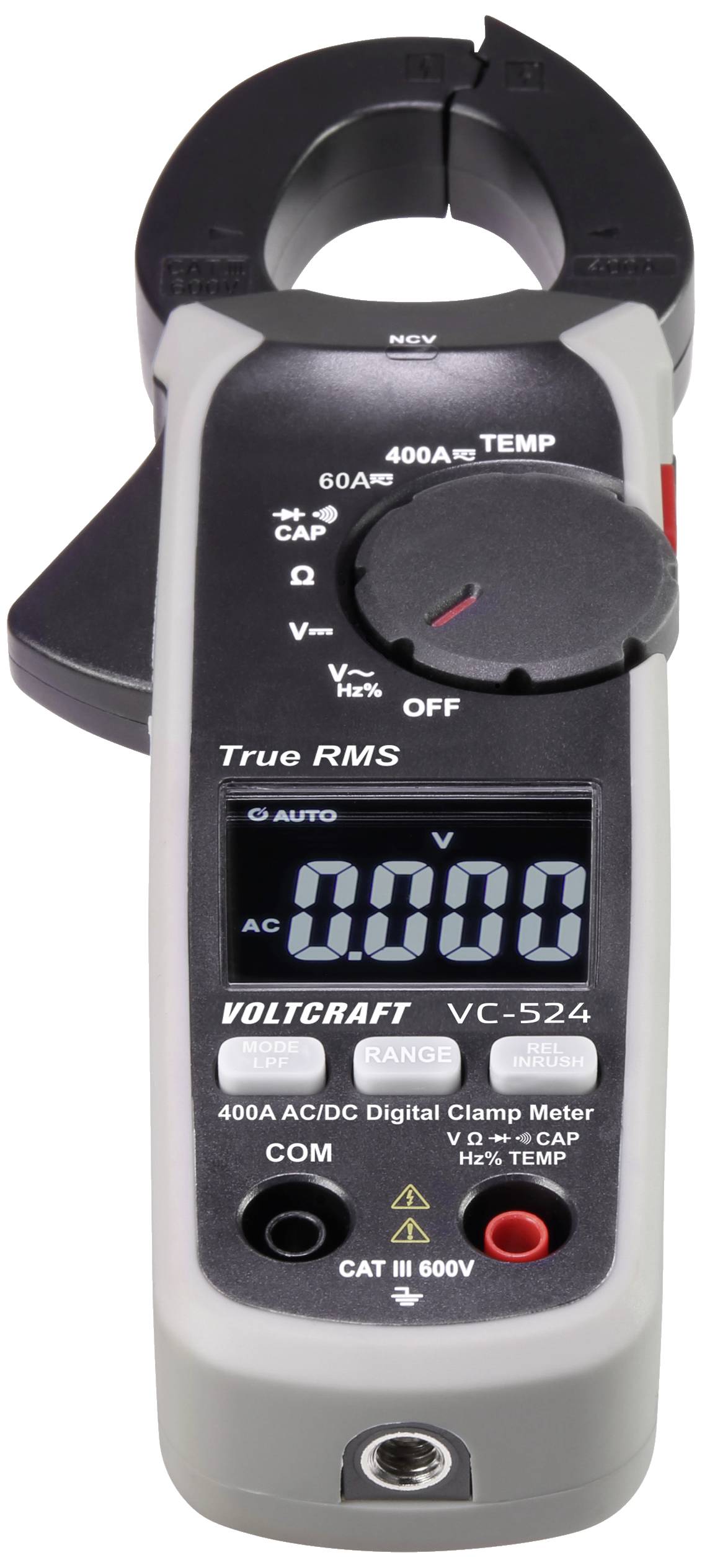 Digital electrical multimeter with clamp, displaying volts and amperes, Voltcraft VC-524 model, suitable for AC/DC measurements up to 400A.