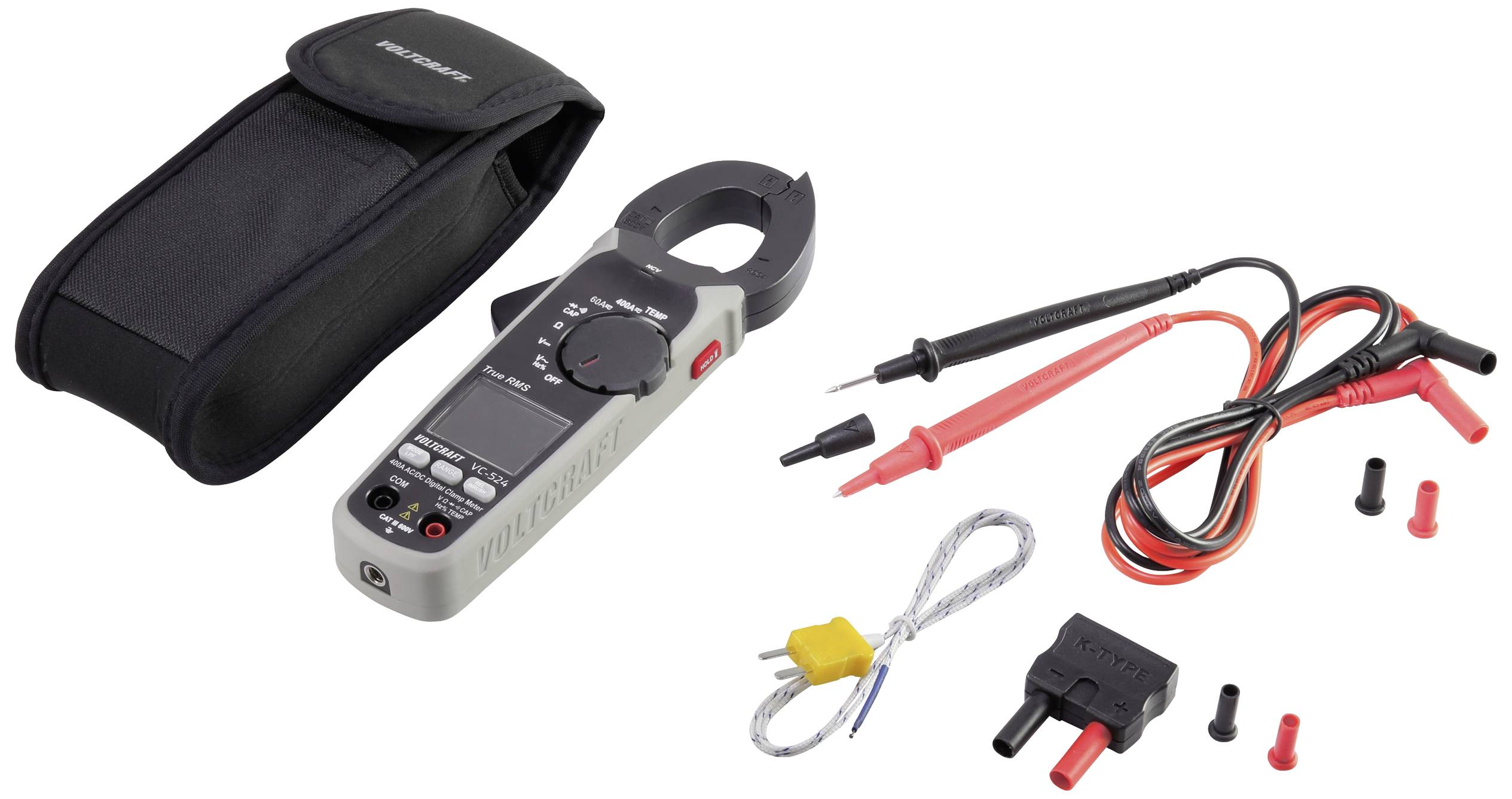 Clamp Meter with Accessories: Measuring Device with Digital Display, Two Measurement Leads in Red and Black, Adapter and Carry Case.