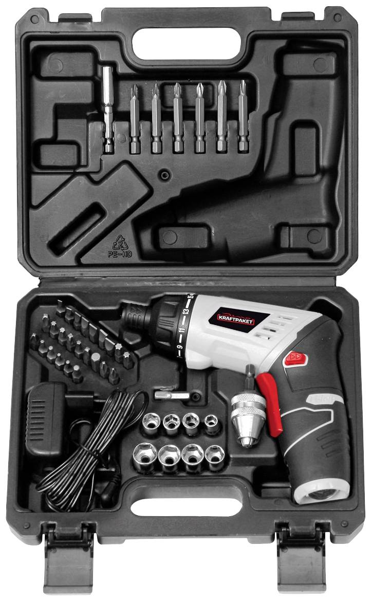 Cordless Drill Set in an open black plastic case. Includes screwdriver bits, charger, and accessory parts. Ideal for DIY projects.