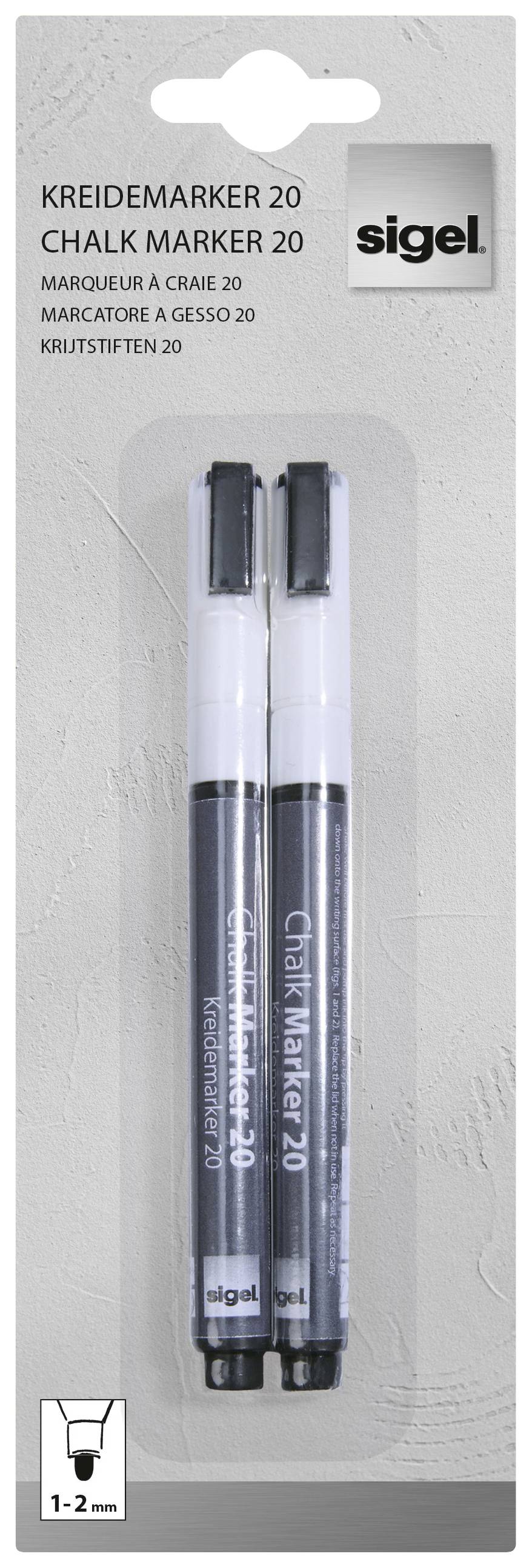 Two black chalk markers, Sigel brand, packaged in a transparent sleeve. Compatible with surfaces 1-2 mm thick.