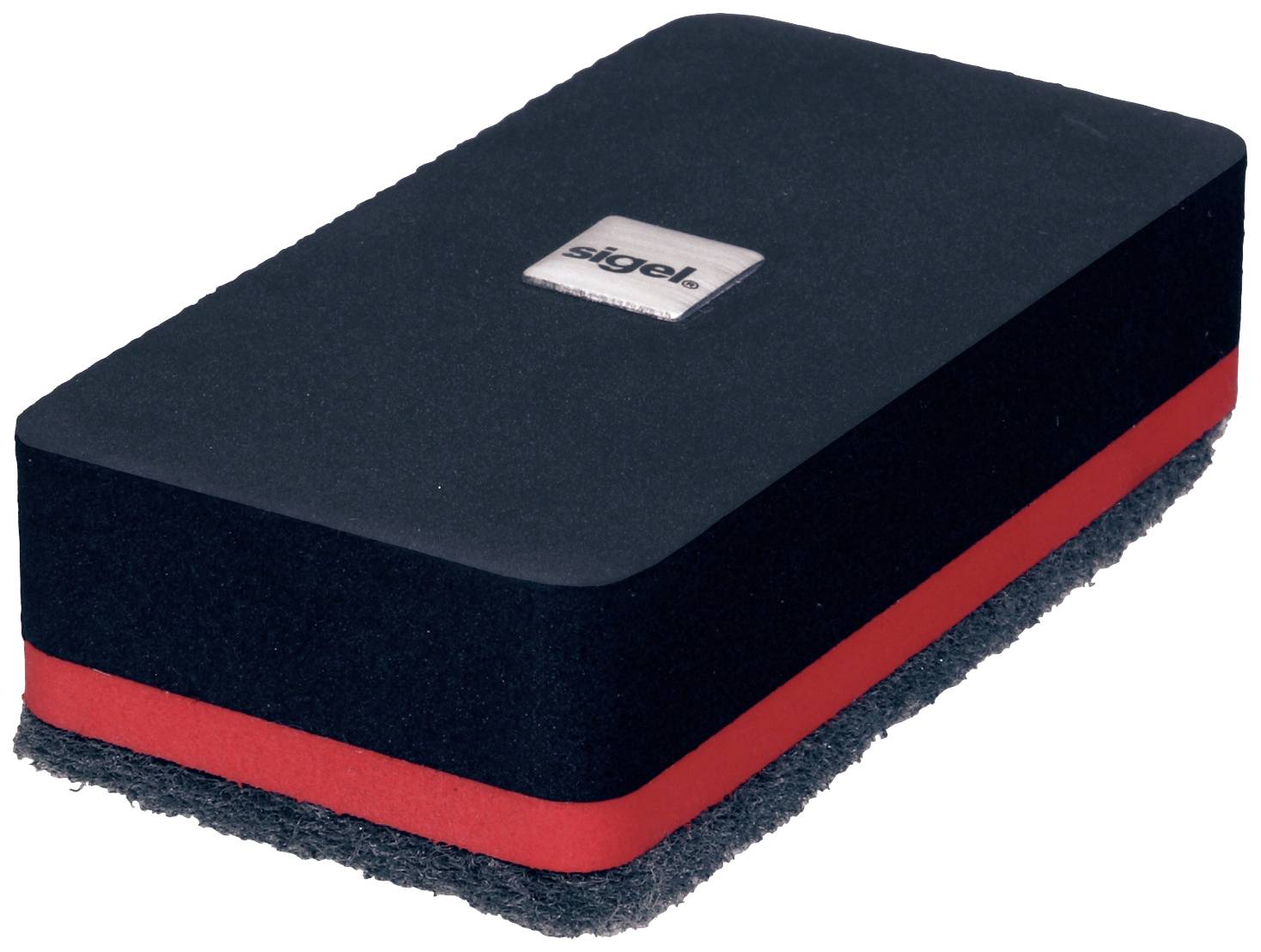 Blackboard eraser with a black surface and red stripe, logo detail visible at the top.