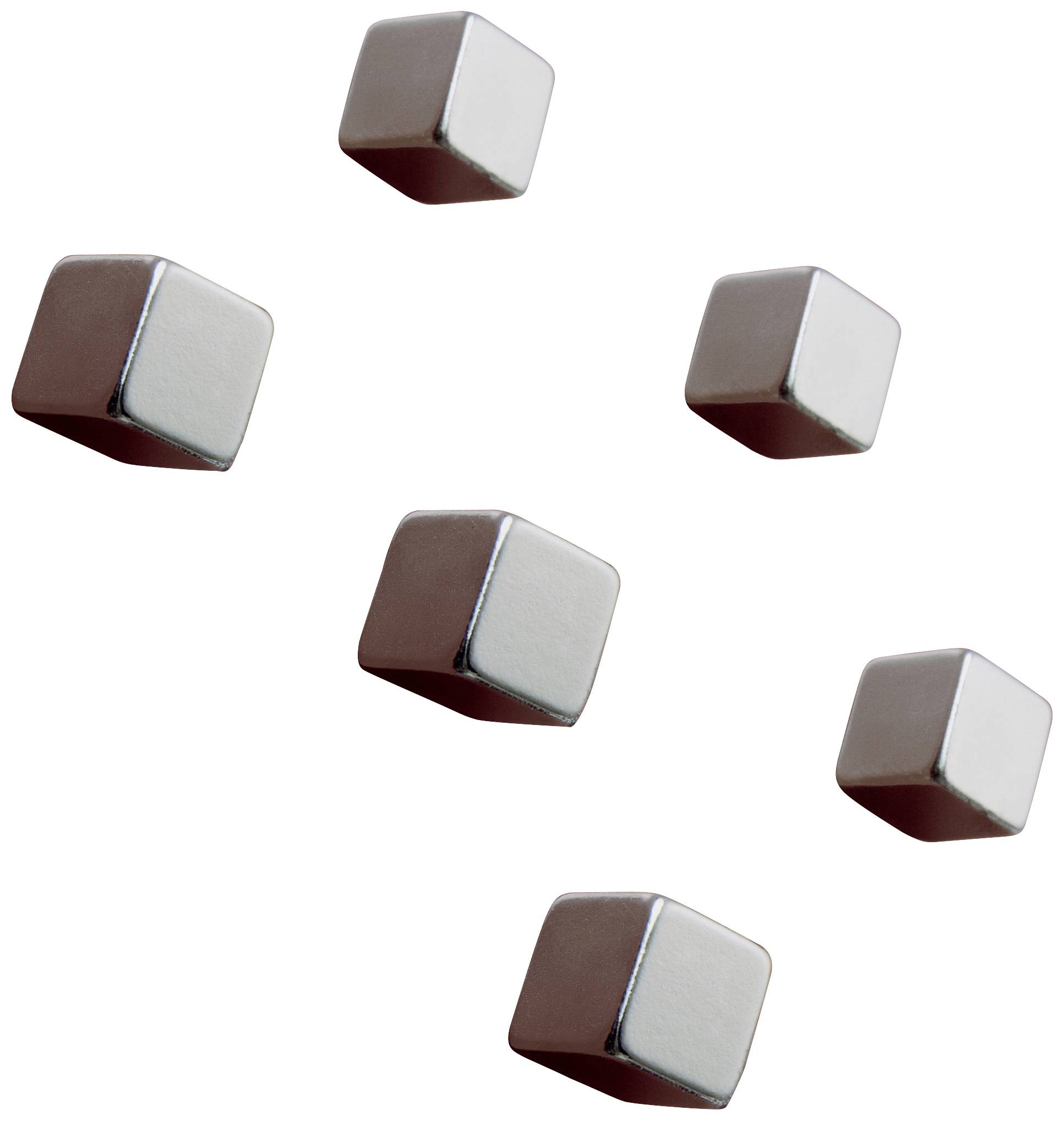 Six floating silver cubes in varying arrangement on a white background.