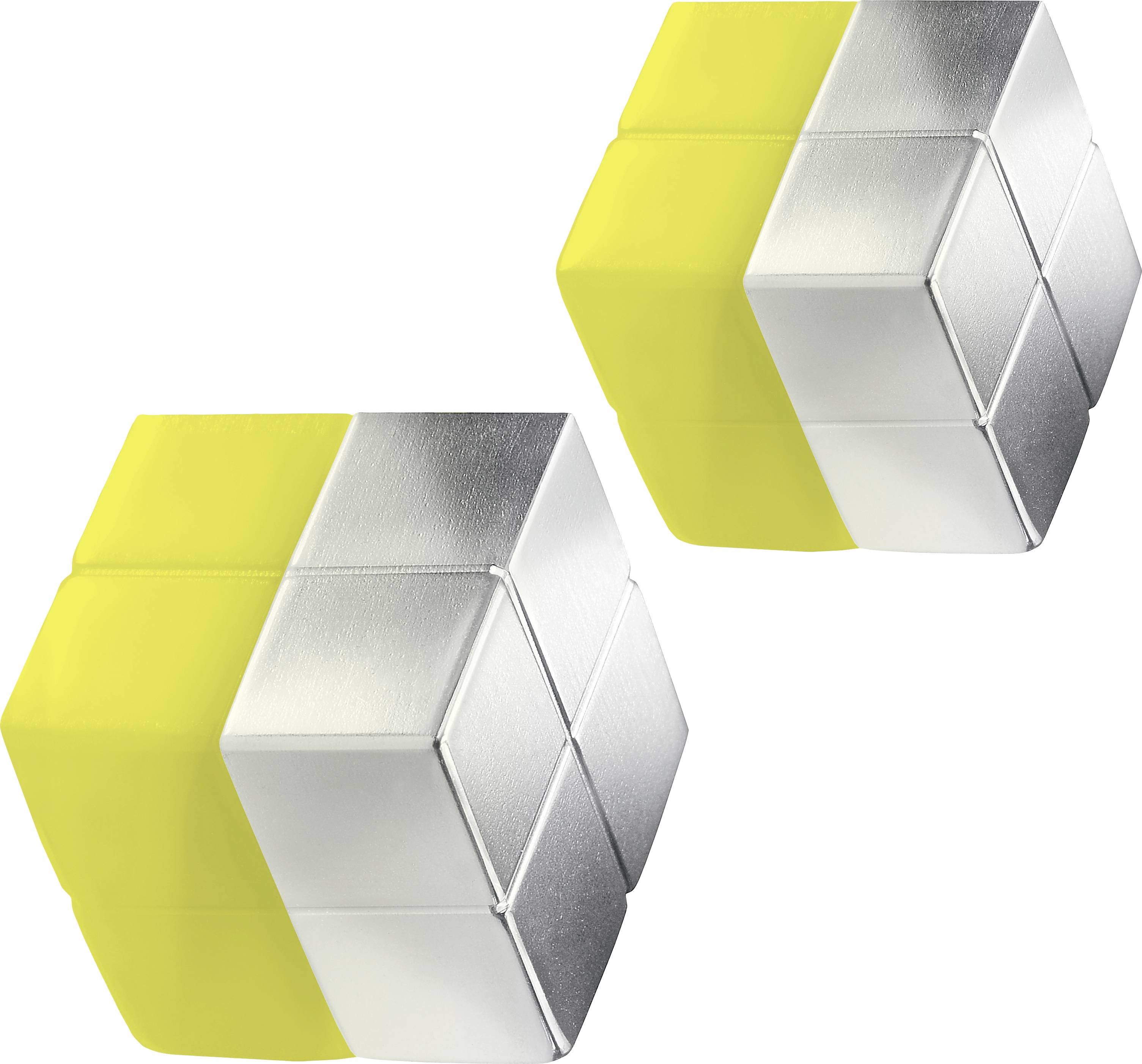 Two Rubik's Cubes with yellow and silver sides, positioned slightly offset from each other.