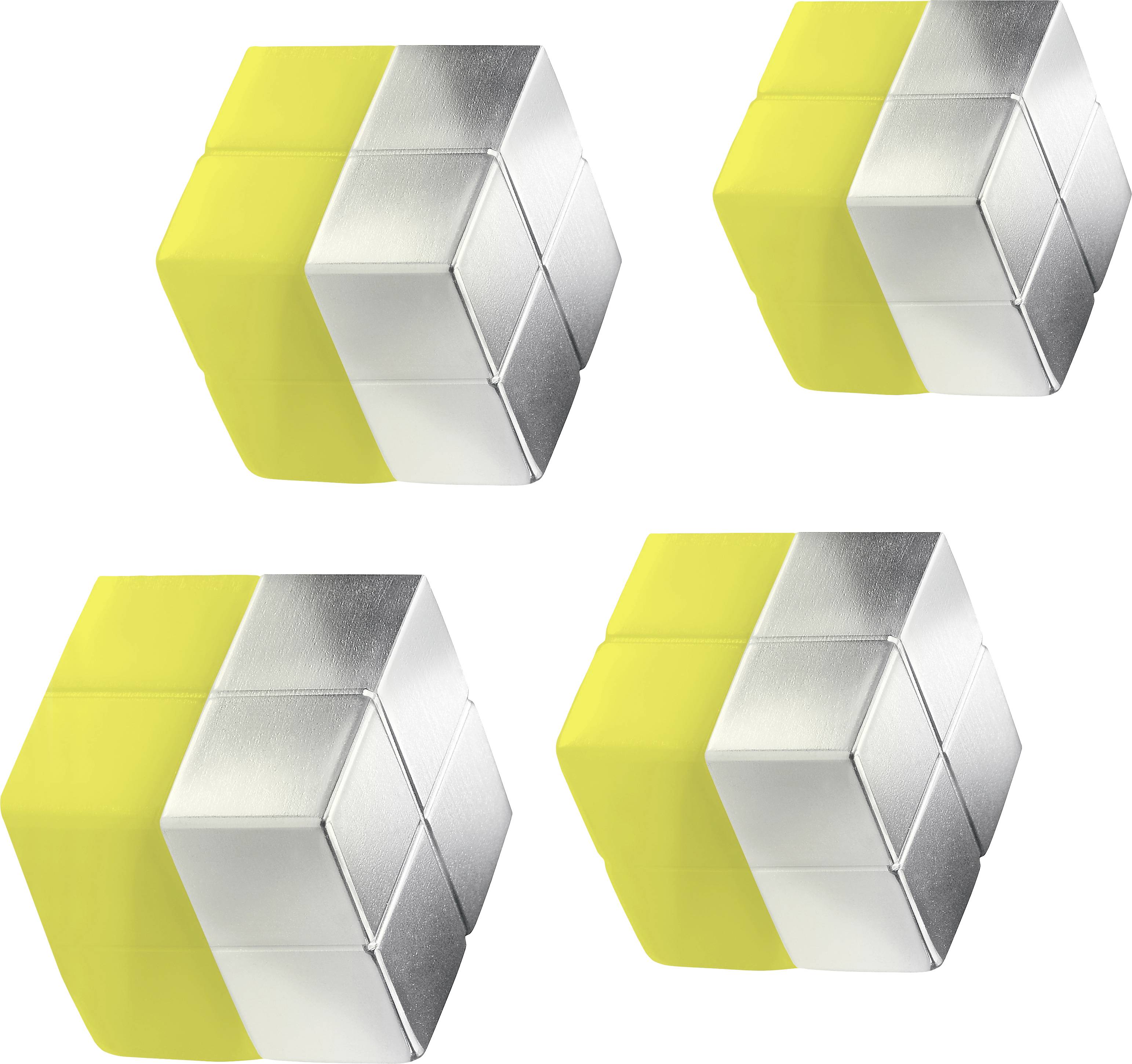 Four identical dice, each with yellow and silver faces, arranged in a square pattern.