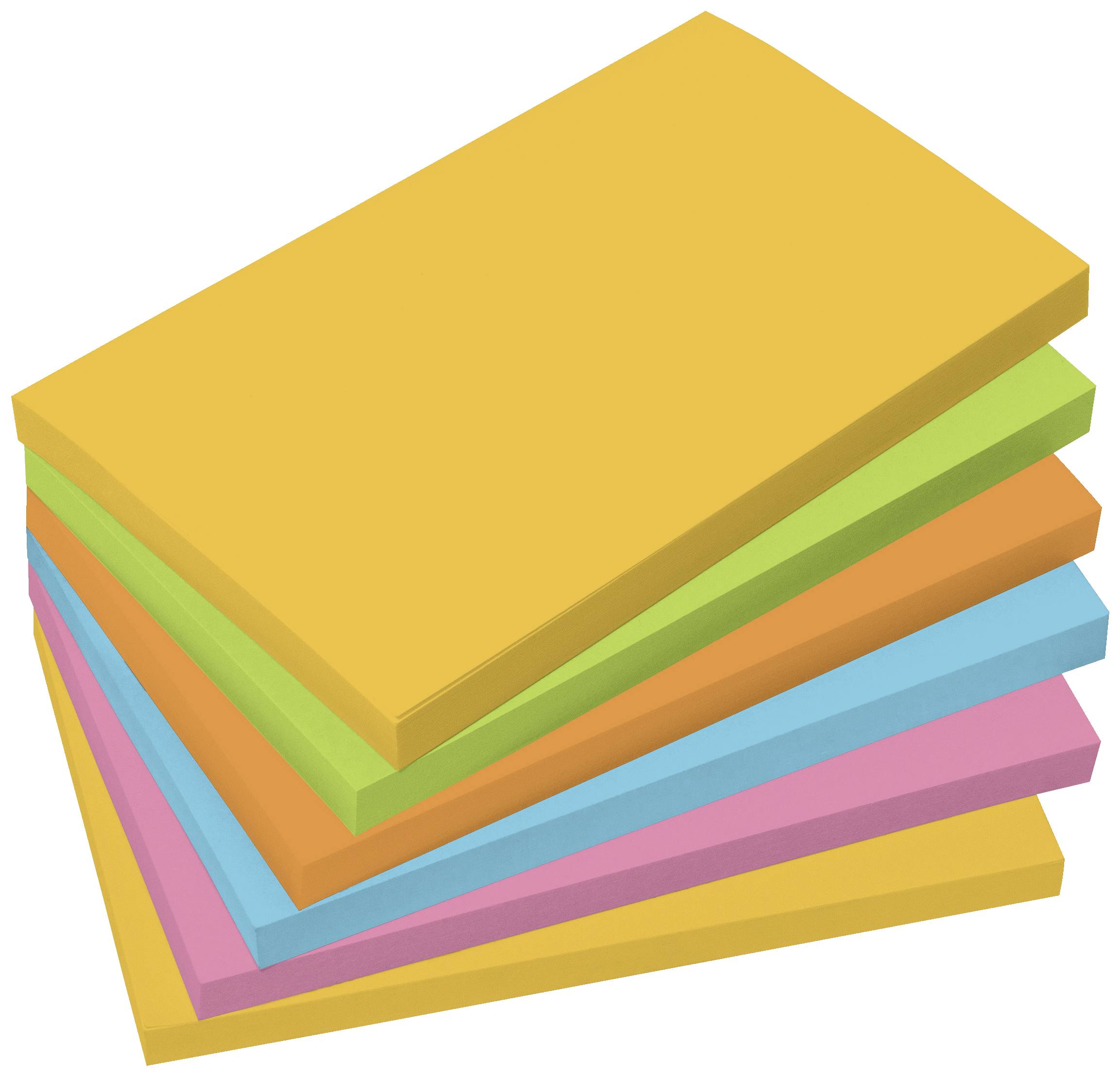A stack of colourful sticky notes in various colours: yellow, green, orange, blue, pink. Ideal for organising and making notes.