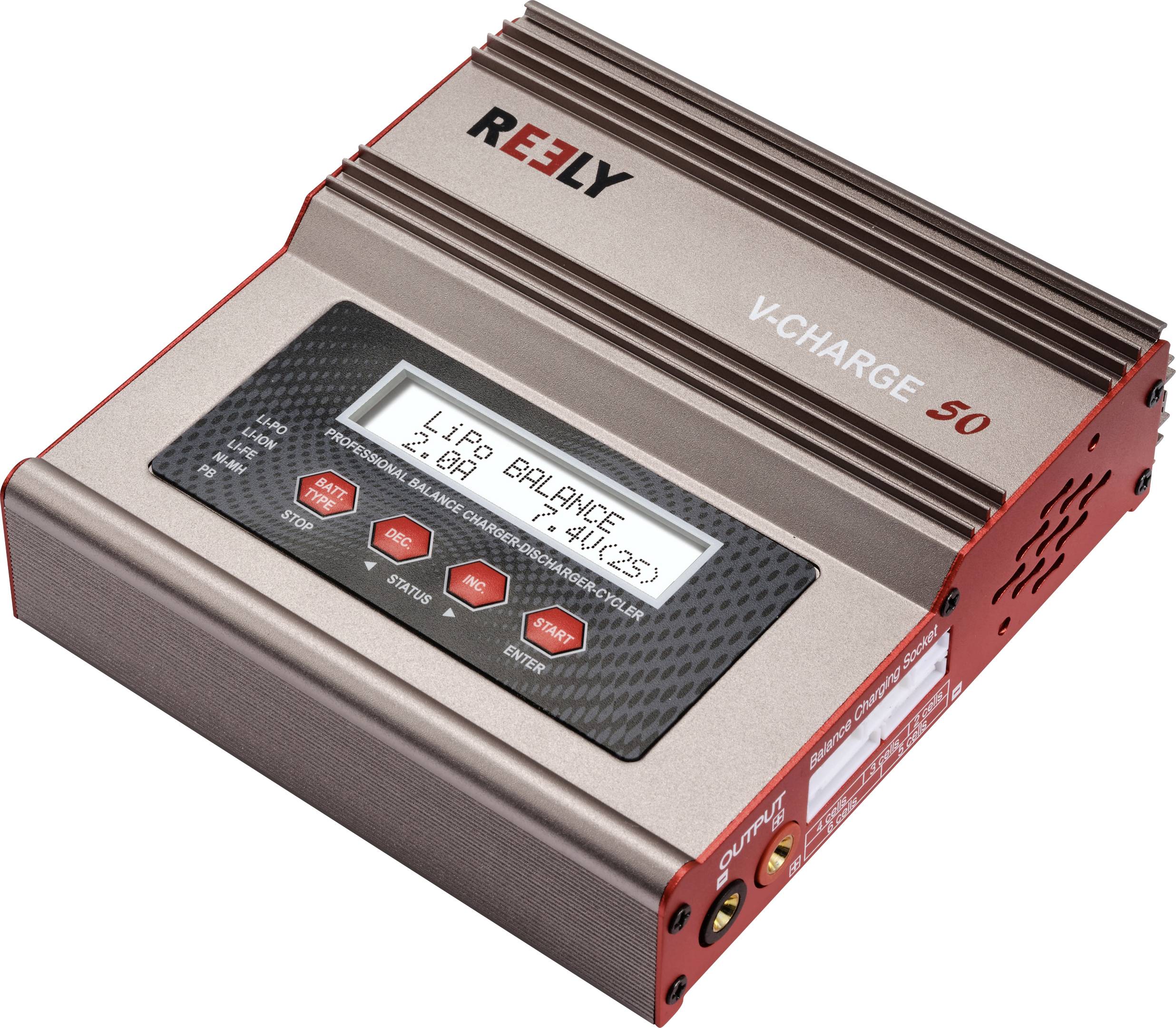 A charger with digital display, showing 'LiPo Balance', voltage 7.4V, 2.5A. Brand name 'REELY', model 'V-Charge 50'.