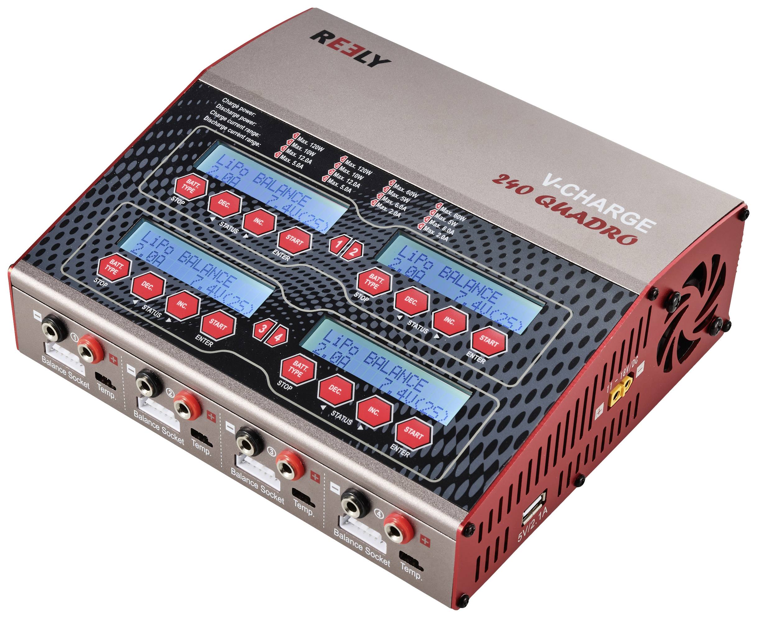 A charger with four display screens for battery monitoring, six charging ports and ventilation slots. Brand name 'V-Charge' at the top.
