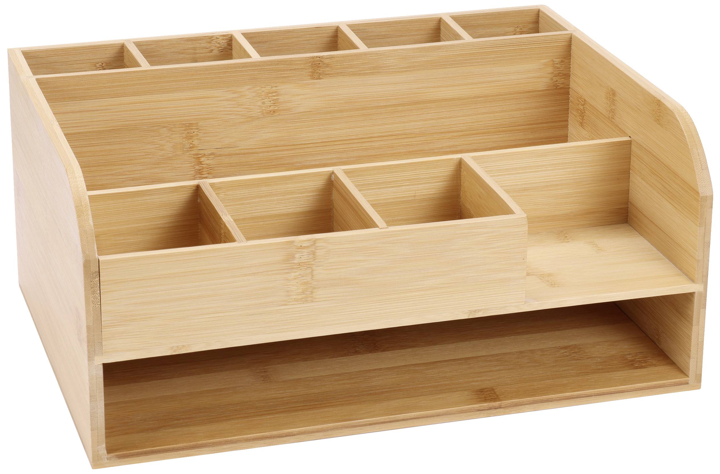 A multi-tiered wooden desk organiser with multiple compartments for storing office supplies.