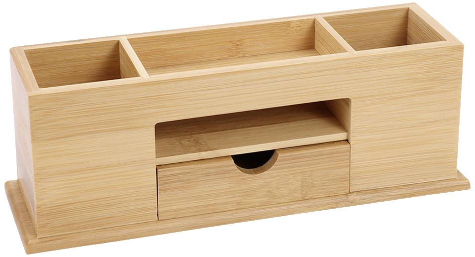 Wooden organiser in light wood with three open compartments at the top and a drawer underneath, suitable for office or cosmetic items.