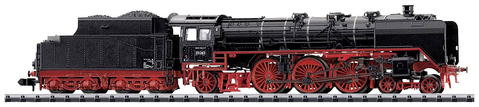 A black steam locomotive with red wheels stands on railway tracks. It looks robust and serves as an example of historical railway engineering.