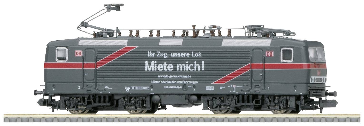 A black electric locomotive with red stripes is travelling on railway tracks. On the side, 'Hire me!' is written in white lettering.