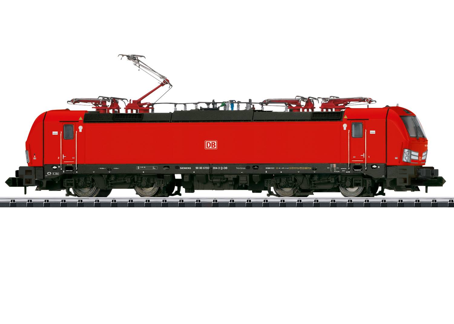 Red DB locomotive on track, side view. Two pantographs are raised. Distinctive DB logo in the centre.