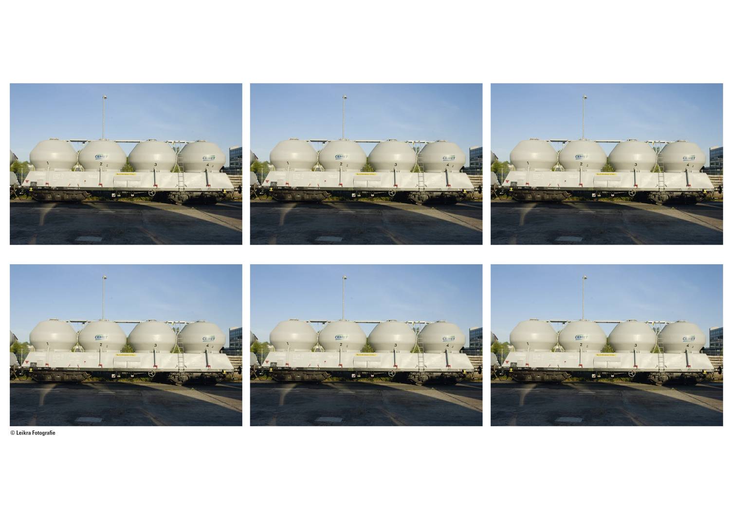 Six identical photographs depict a long train transporting large, white, spherical containers under a clear sky.