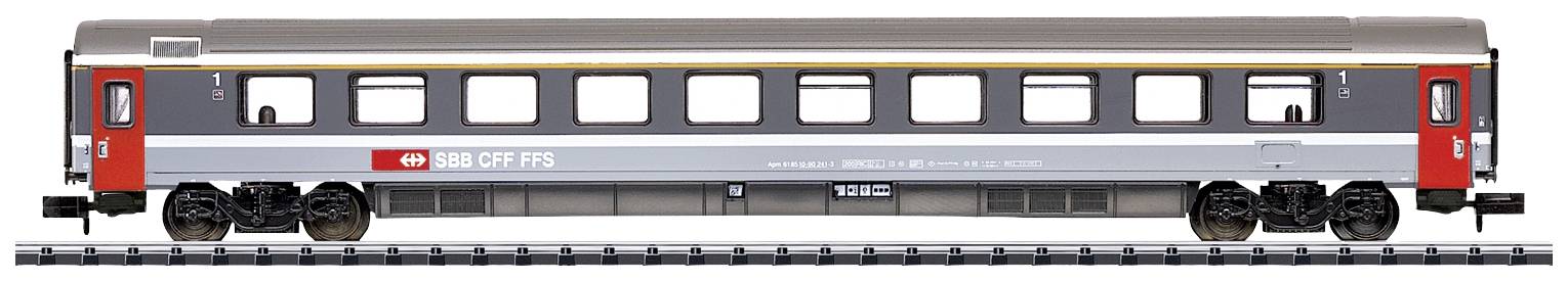 A grey and red railway passenger carriage of SBB CFF FFS on tracks, showing typical window arrangement and doors of passenger coaches.