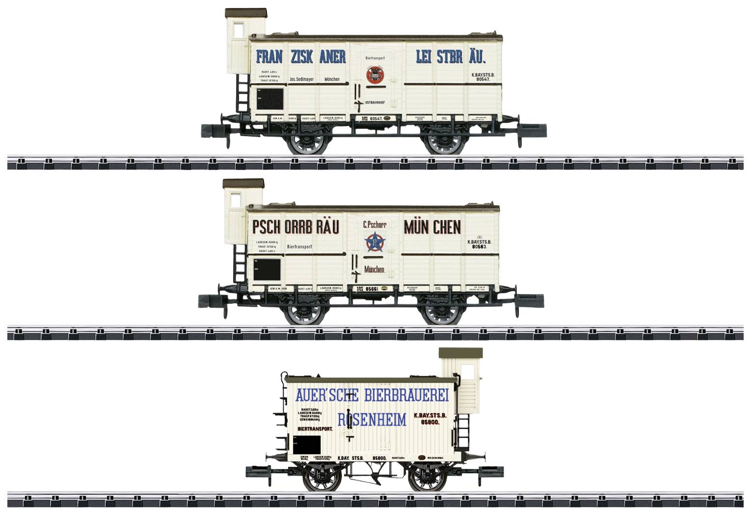 Three model railway goods wagons display historic German brewery labels: 'Franziskaner', 'Paulaner' and 'Augustiner'.