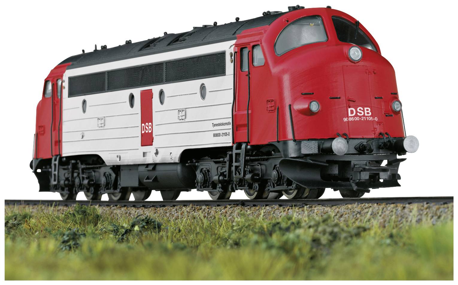 A red and white diesel locomotive of the DSB is standing on the tracks. It is robustly designed and displays the DSB logo clearly.