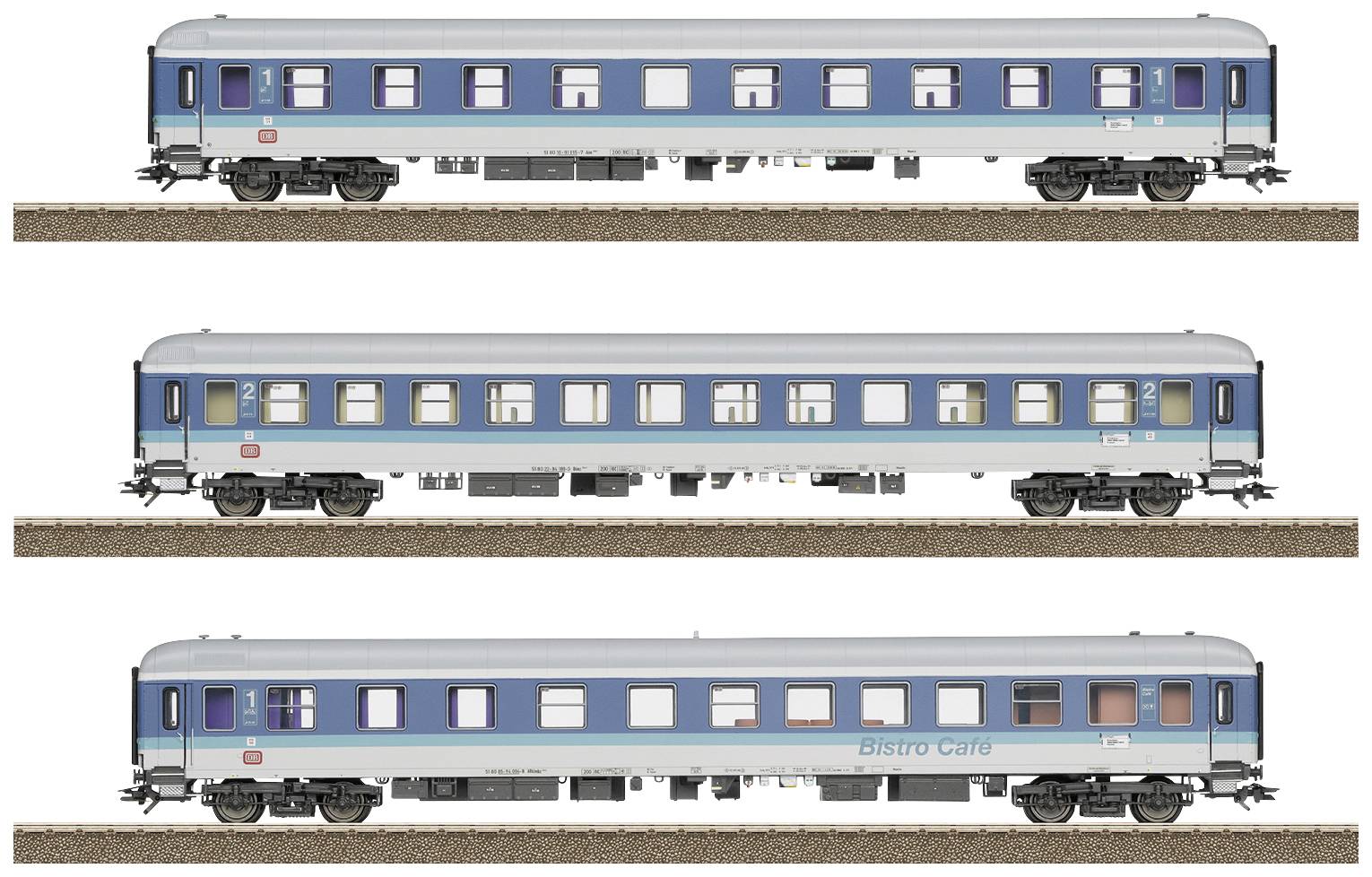 Three model railway carriages on tracks, each in blue and grey colours. One of the carriages bears the inscription 'Bistro Café'.