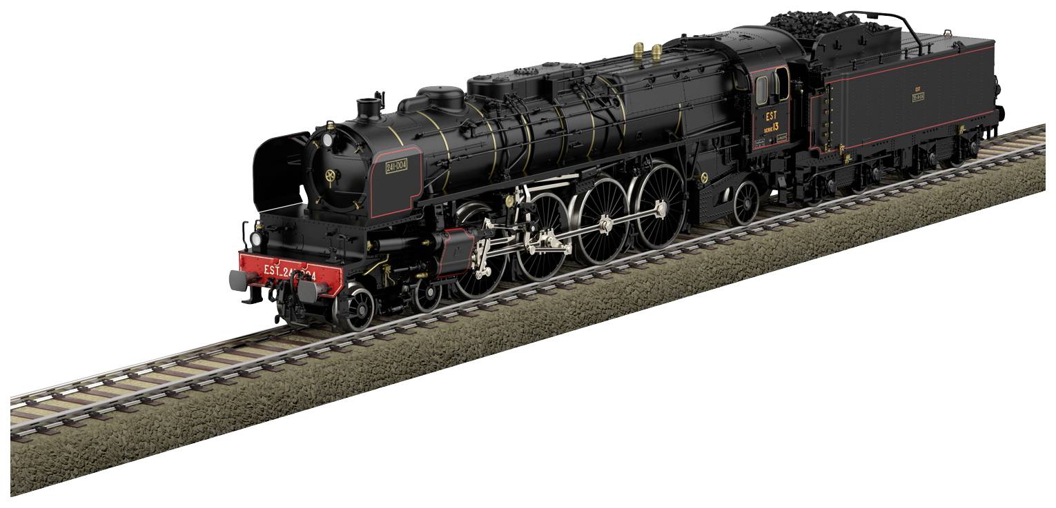A detailed model of a black steam locomotive on a section of track. The locomotive is adorned with red and gold accents.